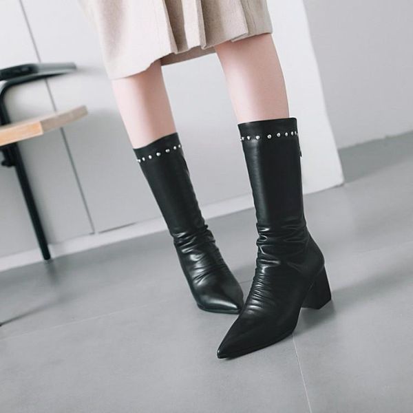 

2019 women boots winter shoes mid-calf fashion woman boots pointed toe square heel women's botas mujer size 34-43, Black