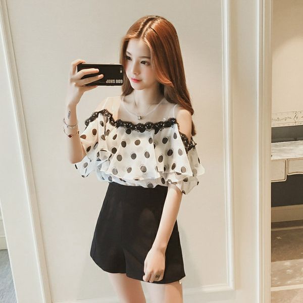 

summer ruffles polka dots print women lace mesh chiffon blouses 2019 fashion cold shoulder ladies shirts blusas mujer, White
