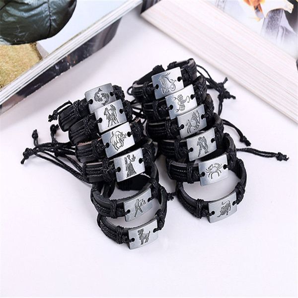 

европейская мода ручной черная коровья кожа натуральная кожа веревка warm браслеты для женщин мужчин подарок 12 созвездие бренд pulseras юве, Golden;silver