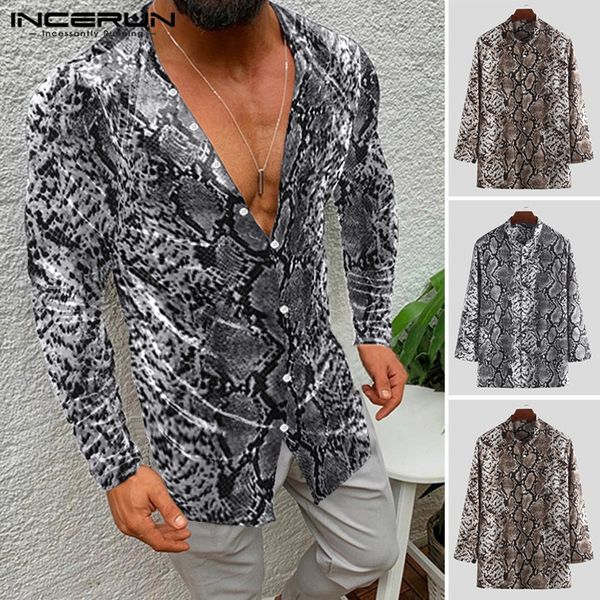 

incerun fashion leopard print men shirt deep v neck streetwear long sleeve button casual shirts party camisa masculina 2019, White;black