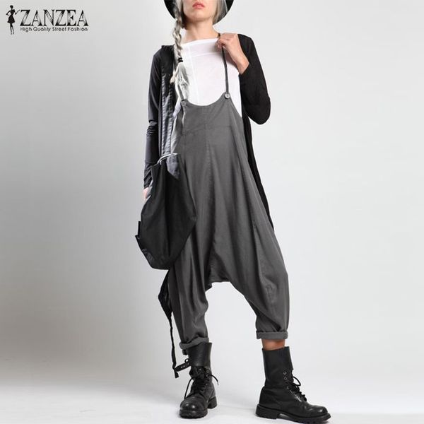 

fashion zanzea women solid strappy jumpsuits casual pockets loose drop crotch playsuits rompers summer party suspenders overalls, Black;white