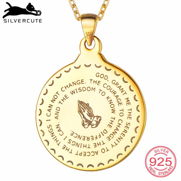 

silvercute 925 sterling silver men praying hands necklace religious jewelry round bible verse pendant gift scp6489b