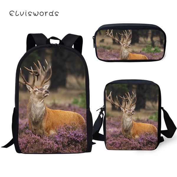 

elviswords kids 3pc set backpack flower deer pattern school bags kawaii animal students school backpack/messenger bag/pen bags