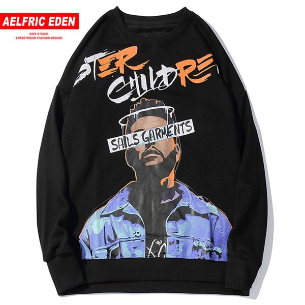 

aelfric eden character letter printed men sweatshirts 2019 harajuku streetwear fashion hip hop casual cotton oversized pullovers, Black