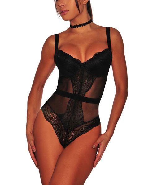 

women sheer lace bodysuit bustiers shoulder strap v neck backless jumpsuit babydoll bodys underwear transparent lingerie set, Black;white