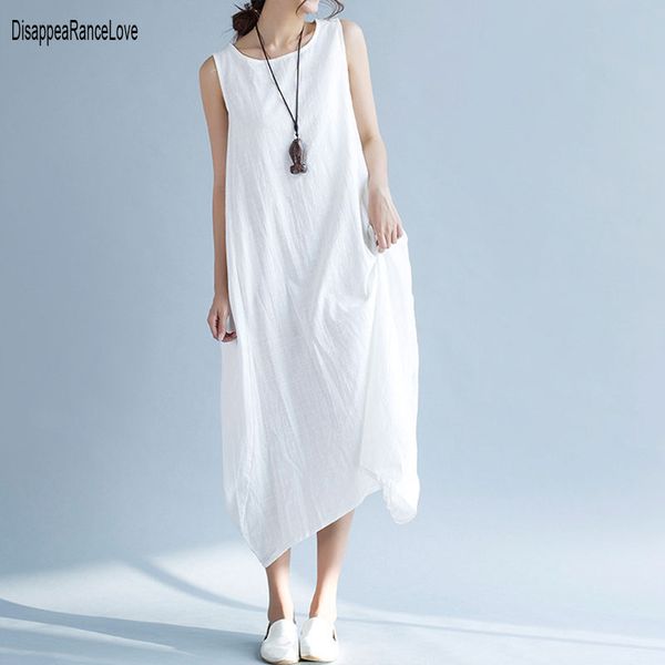 

2020 spring summer new style literary loose large size -2xl women's beach dress cotton linen vest sleeveless dress, Black;gray