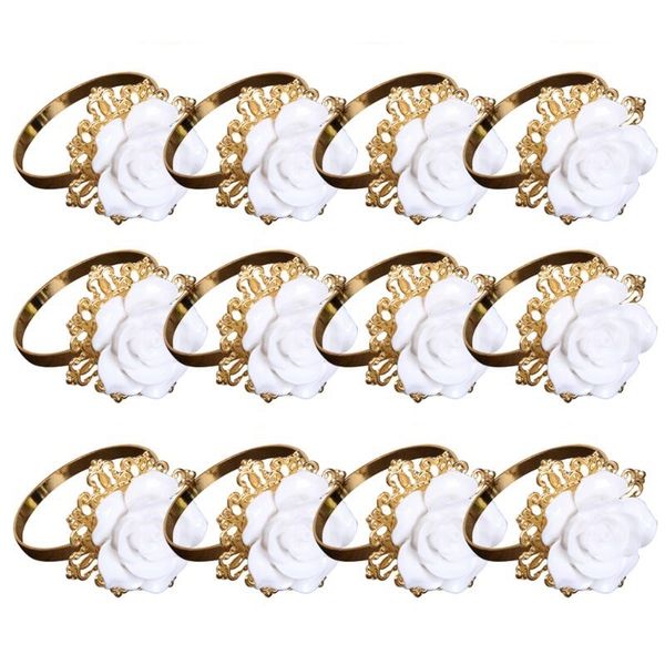 

12pcs/set resin rose white napkin ring table kitchen serviette holder for wedding banquet party dinner decoration gold napkin rings
