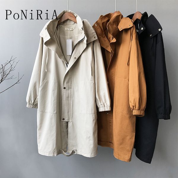 

new fashion korea style spring elegant women's casual office lady zipper large size loose solid with hat long trench coat female, Tan;black