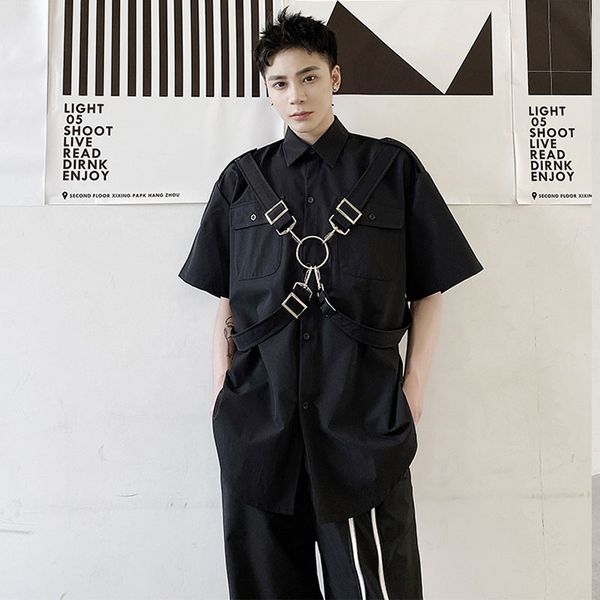 

men iron ring bandage short sleeve casual loose shirts male japan streetwear hip hop punk shirts stage clothing, White;black