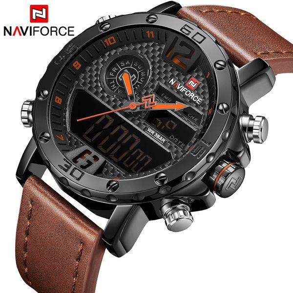 

naviforce men's watch analog digital leather sports watches army watch men quartz clock relogio masculino, Slivery;brown