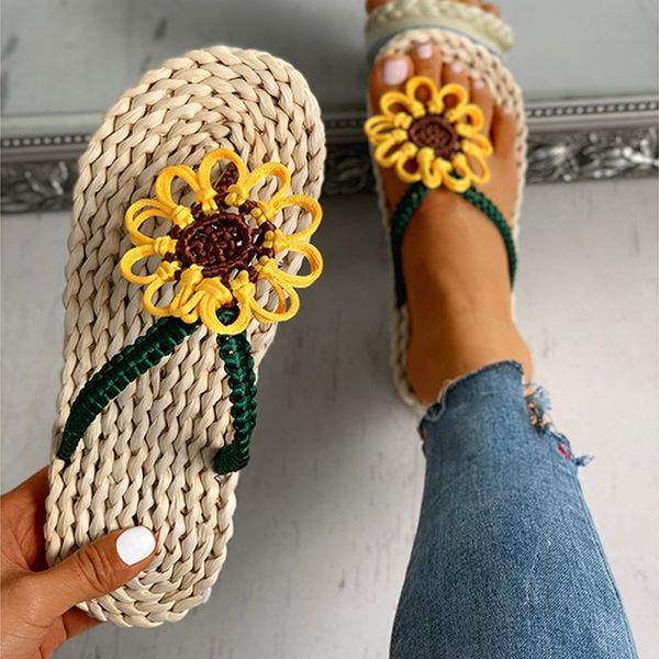 

nan jiu mountain 2020 women flip-flop sandals hand-woven straw shoes flat beach slippers sun flower casual breathable massage, Black