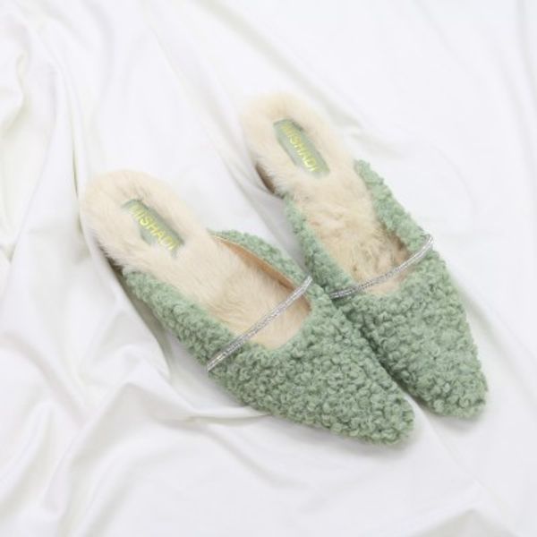 

2019 autumn and winter new fur half drag female shoes warm and comfortable wild thick with square root, Black