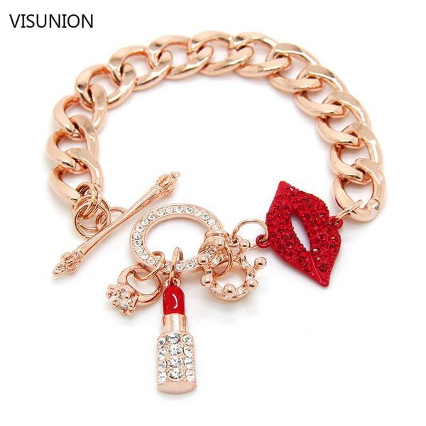 

exaggerated red lips lipstick crystal bracelet exquiste gold pendant chain charm bracelet nightclub jewelry, Black