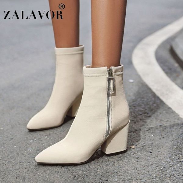 

zalavor 5 color winter ankle boots zipper pointed toe office party shoes women warm work fashion botas footwear size 34-43, Black