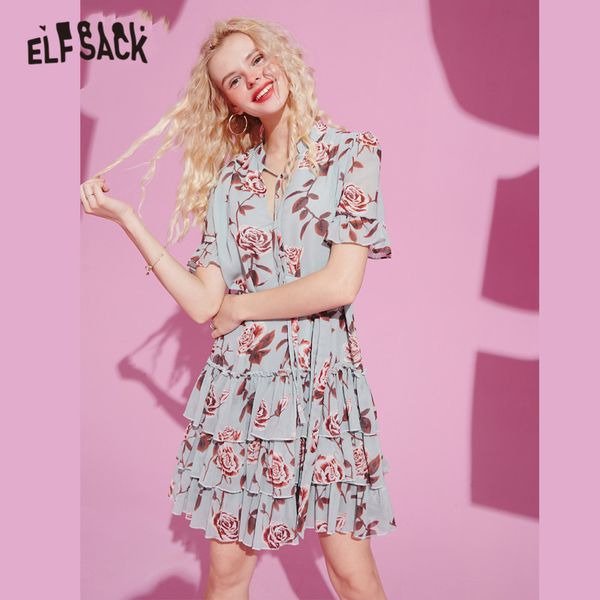 

elfsack multicolor floral print multi-layer casual chiffon ruffle dresses women 2020 summer elf vintage korean girly sweet dress, Black;gray
