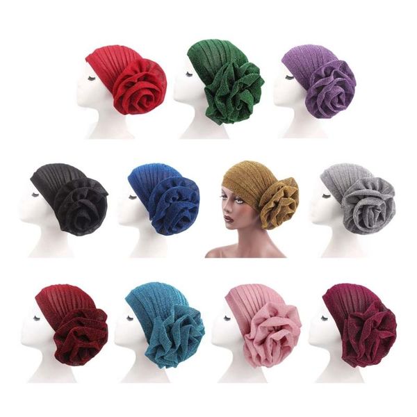 

women elastic large flower scarf hat muslim head turban casual head wrap scarf chemo cancer hair loss cap, Blue;gray