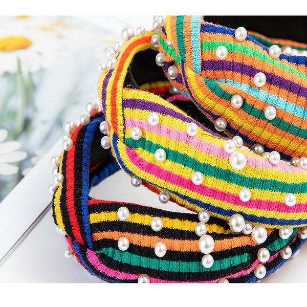 

2020 new pearl hair band color stripes hit color head band wash face hair fashion hair band female headwear manufacturer wholesale, Black;brown