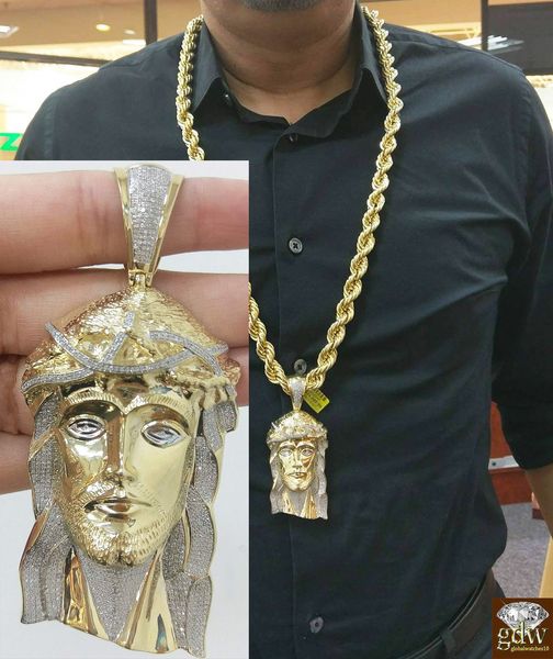 

Real 10k Rope цепи 15 мм с 1,81 Ct Алмазной Иисуса Хед, Шарм Подвесной.