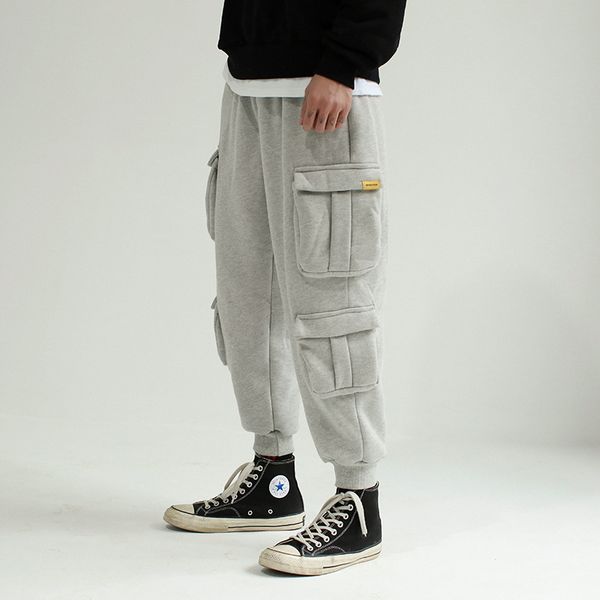 

2018 autumn and winter models multi-pocket japanese plus velvet tooling pants pants men and women can wear gray / black s-xl