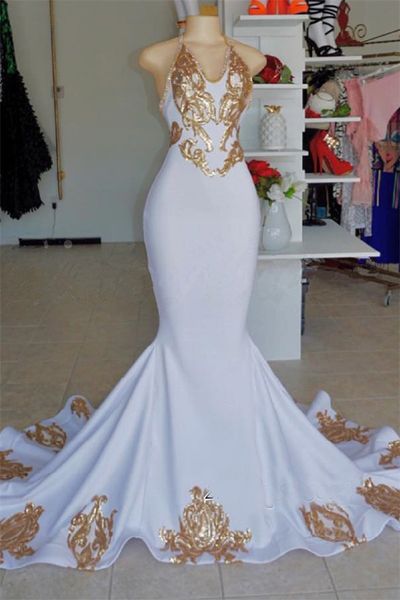 

Sexy Halter Mermaid Prom Dresses V-Neck Gold Appliques Lace Evening Party Gowns African Occasion Evening Wear Custom Made