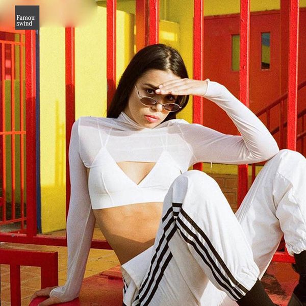 

t shirt ladies summer women see through transparent mesh square neck long sleeve turtleneck t shirt tees, White