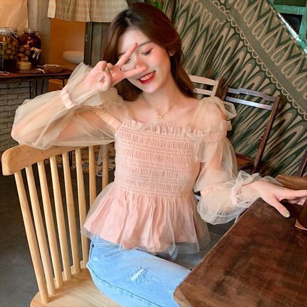 

mesh stitching bubble sleeve t-shirt long sleeve t-shirt female autumn 2020 french sweet pleated top, White