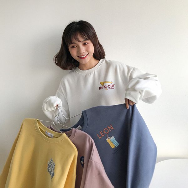 

4 colors 2019 autumn korean ins style front back print long-sleeve pullovers plus velvet thick sweatshirt womens (f3839, Black