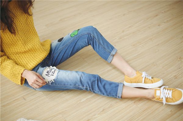 

2016 spring clothing new style korean-style hole patch patch cartoon printed jeans women's baggy pants fashion, Blue