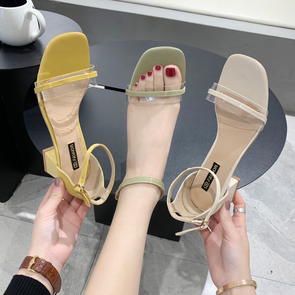 

block heels buckle strap fashion womens shoes 2020 sandals summer woman all-match med suit female beige chunky luxury comfort, Black