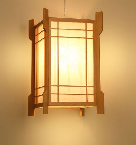 Wood Small Square Pendant Light Fixture Japanese Korean Style