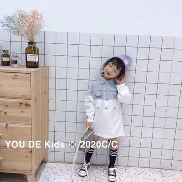 

baby girls denim stitching shirt dress candy color long sleeve dress, Red;yellow