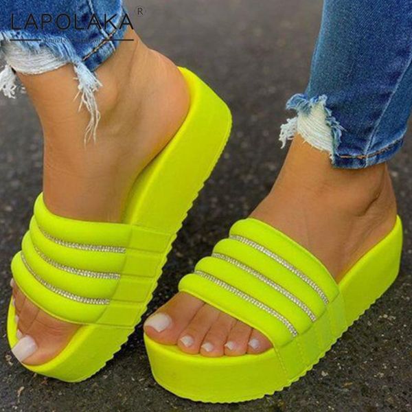 

lapolaka 2020 big size 43 platform concise shoes woman slippers female slip on crystal wholesale ins slippers women, Black