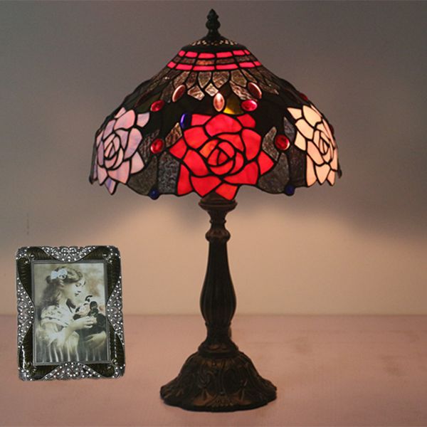 

stained glass rose shade table lamp bedroom wedding room bedside light romantic european vintage bar cafe decoration desk lamp dia30cm h49c