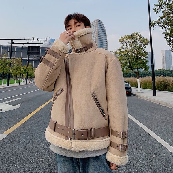 

winter men's thickening lamb waterproof parkas chamois snow jackets cotton-padded clothes wool coat casual keep warm trench, Black