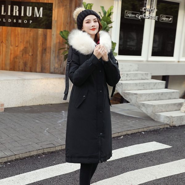 

elagant women outwear parkas long splice cotton-padded jacket pocket hooded coats fur cap cotton padded medium-long jaqueta, Black