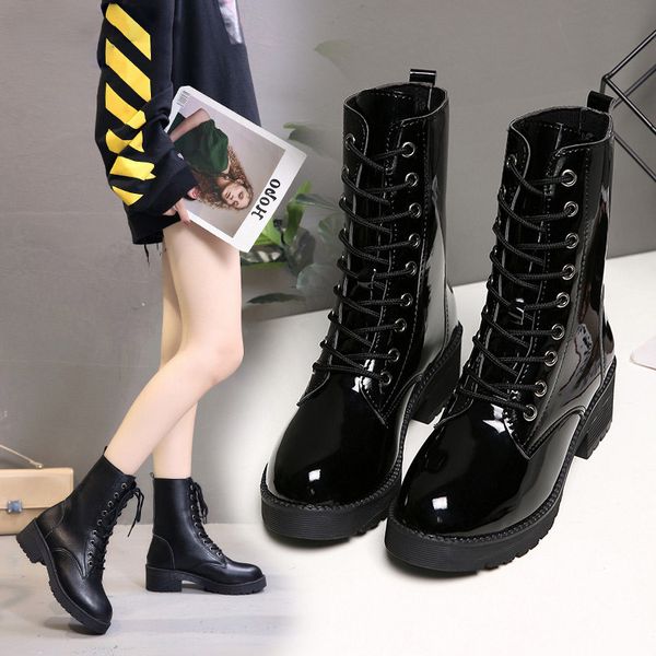 

classic fashion Bright leather high quality mid-calf women boots winter plush ladies botas femininas