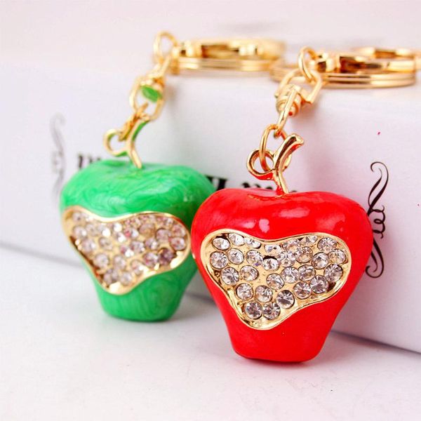 Rhinestone Key Anel Verde esmalte vermelho Fruta Maçã 3D Jóia Keychain Mulheres Key Titular Cadeia Anel Car Bag Pingente