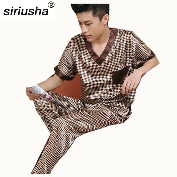 

2019 sale limited print sleepwear male silk short sleeve length pants pyjamas thin pajama sets spring & autumn s05, Black;brown