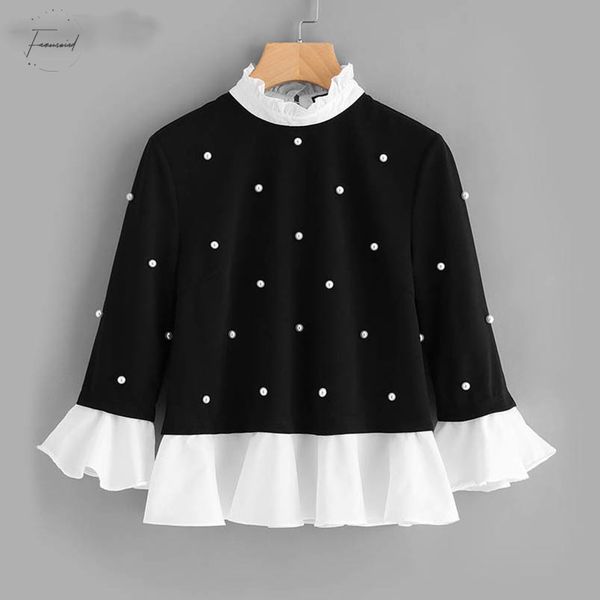 

блуза контраст frill обрезку pearl embellished топ черной длину белого контраст воротник три четверти и flare рукав, White