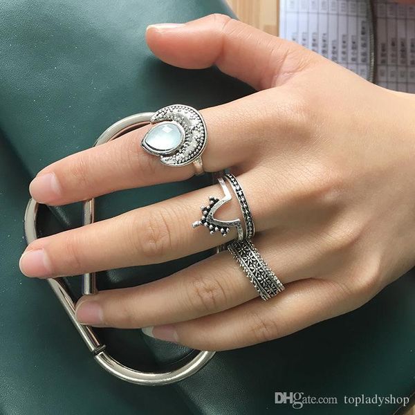 

european and american bohemian with side stones retro opal carved moon tail ring adjustment joint ring gypsy four-piece wholesale, Silver