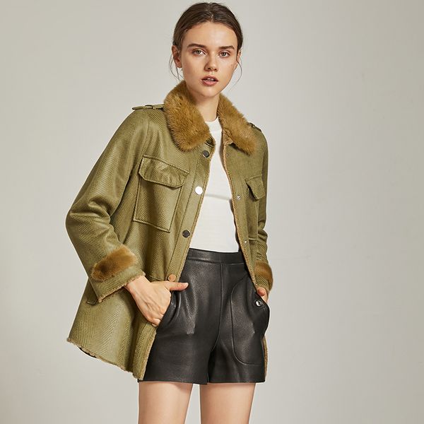 

genuine sheepskin jacket women winter thick warm fur coat shearing fur one piece leather coat real collar npi 80915d, Black