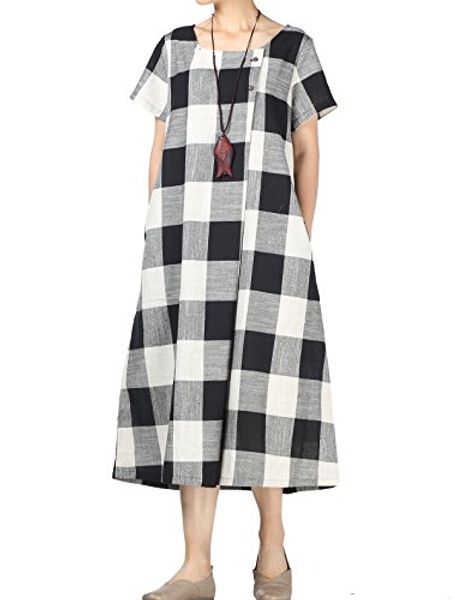 

mordenmiss women's classic plaid linen summer shirt dress with pockets, Black;gray