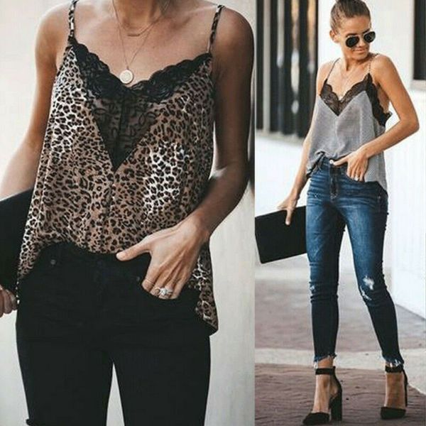 

womens lace sleeveless casual vest v-neck slim ladies floral plaid leopard print tanks fashion streetwear vests, White