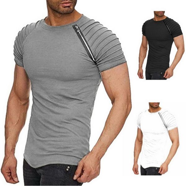 

heflashor male fold t shirt summer casual short sleeve o-neck slim fitnesst-shirt mens zipper patchwork pleated hip hop tshirt, White;black