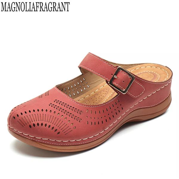 

new women flat shoes mules for women pu leather round head sandals slip on flip flops slipper retro shoes woman c905, Black