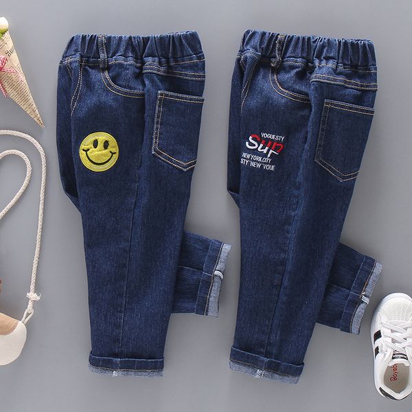 

style new children's clothing han edition in the fall 2019 children slacks chao fan boy smiling face jeans, Blue