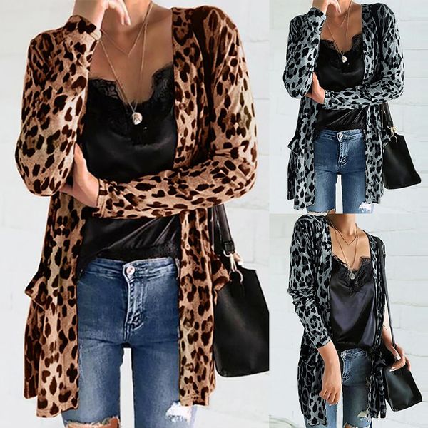 

women's shirt plus size cardigan leopard print long sleeve pocket coat outerwear womens and blouses elegant blusa feminina, White