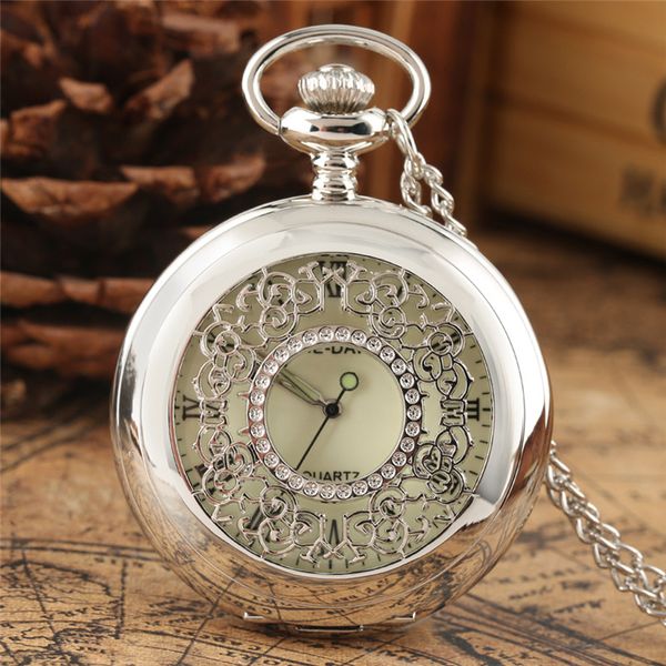 

antique classic silver smooth case pocket watch men women quartz analog watches necklace pendant chain hollow out clock gifts, Slivery;golden