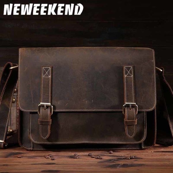 

neweekend retro casual multifunctional genuine leather cowhide crazy horse messenger shoulder crossbody ipad bag for man 1055 cj191129, Black;red