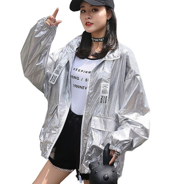 

2019 harajuku silver summer thin jacket streetwear hooded bomber jacket plus size hip hop basic coat women windbreaker, Black;brown